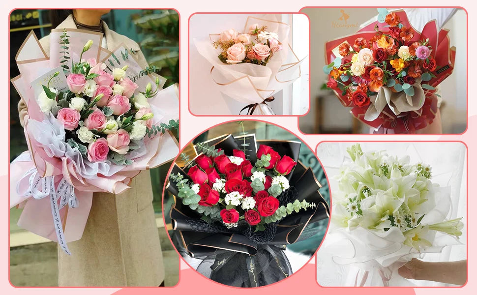 A collection of floral arrangements wrapped in decorative paper featuring pink, red, and white roses with gold accents.