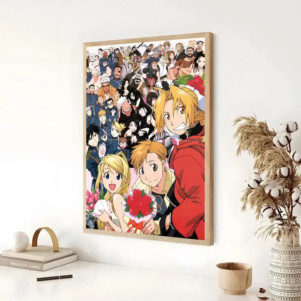 A framed anime poster featuring characters from Fullmetal Alchemist in a dynamic, crowded scene.