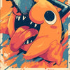 A vibrant orange Chainsaw Man character illustration in a retro pop style against an orange and blue background.