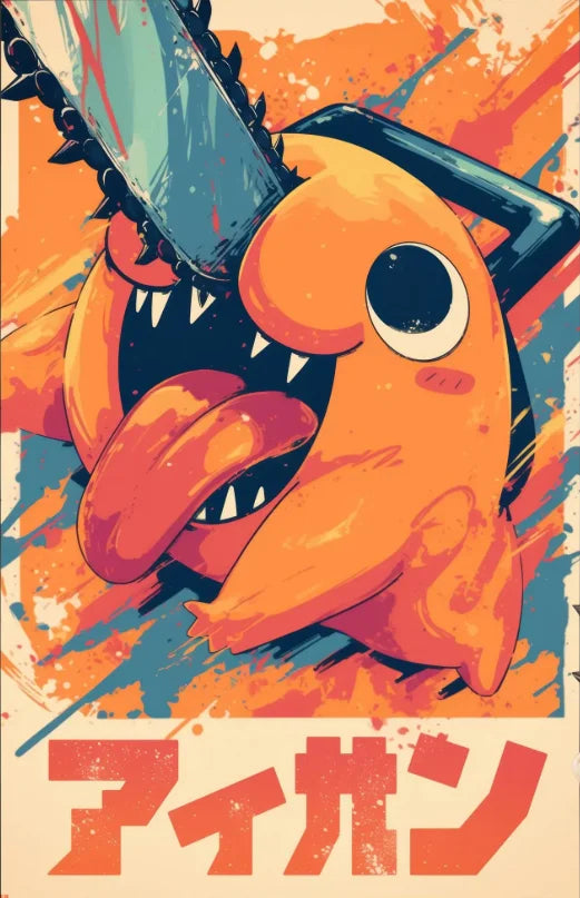 A vibrant orange Chainsaw Man character illustration in a retro pop style against an orange and blue background.