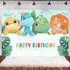 A colorful cartoon dinosaur birthday party backdrop featuring blue and green dinosaurs against a light background.