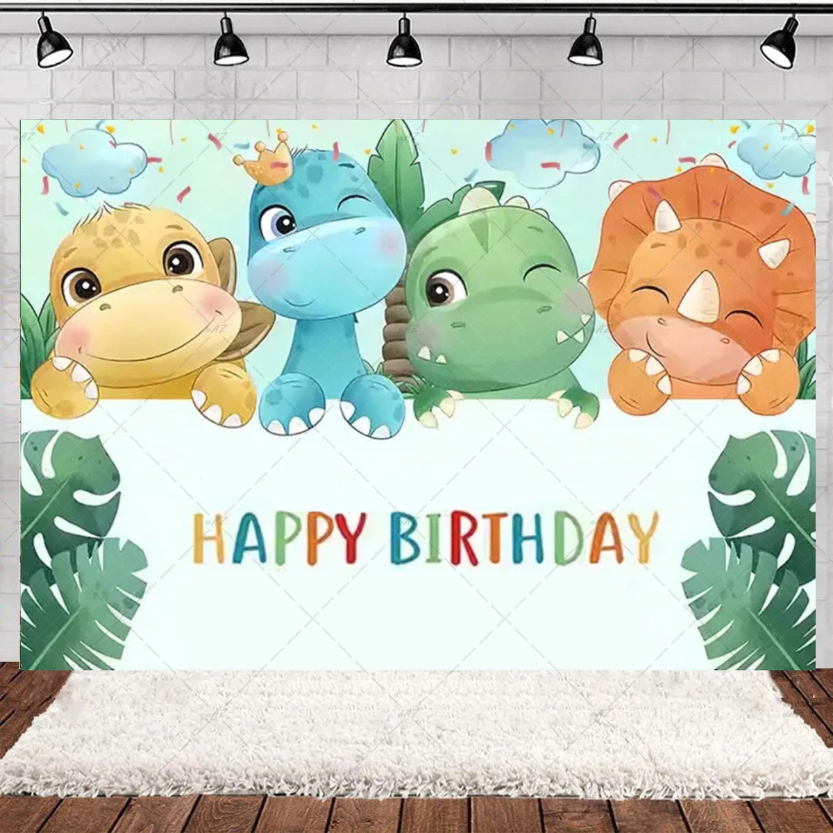 A colorful cartoon dinosaur birthday party backdrop featuring blue and green dinosaurs against a light background.