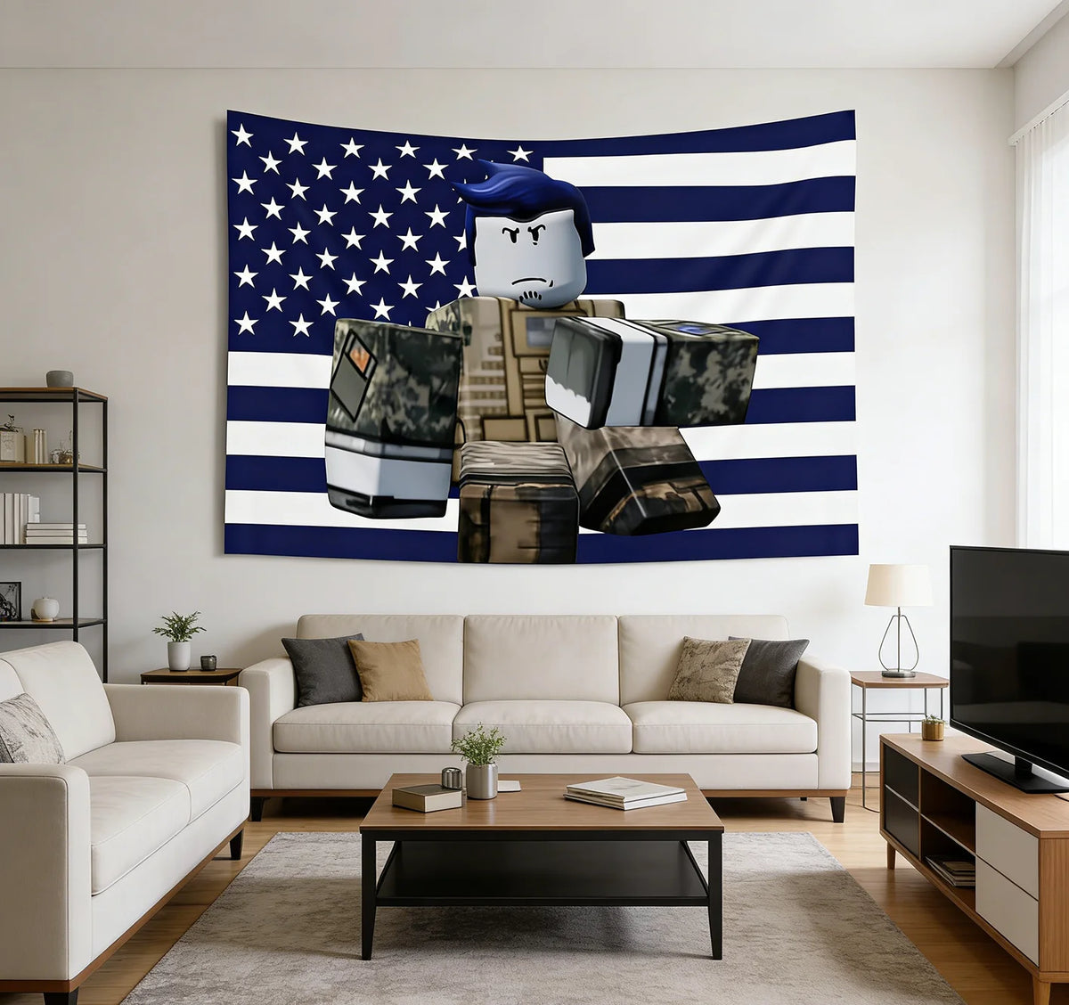 A wall tapestry featuring the American flag design with a stylized figure wearing a blue hat and holding binoculars.