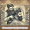 A black and white illustration of a bearded barber with a mustache and tools on a tapestry background.