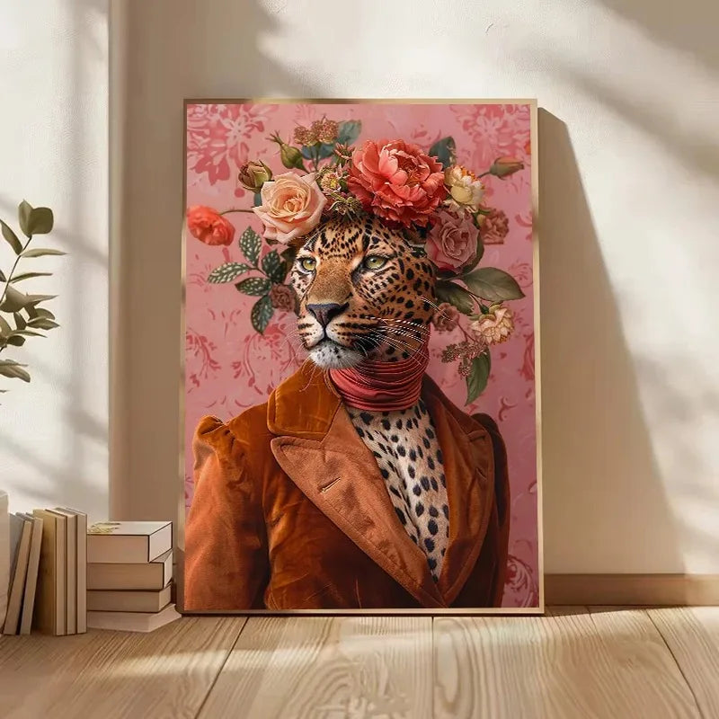 A canvas print featuring a portrait of a leopard wearing a floral crown and an orange jacket against a pink background.
