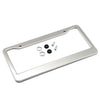 Stainless steel license plate frame with screw covers and mounting hardware.