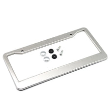 Stainless steel license plate frame with screw covers and mounting hardware.