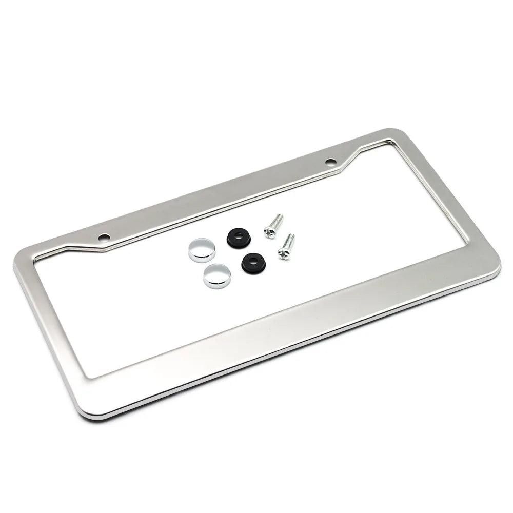 Stainless steel license plate frame with screw covers and mounting hardware.