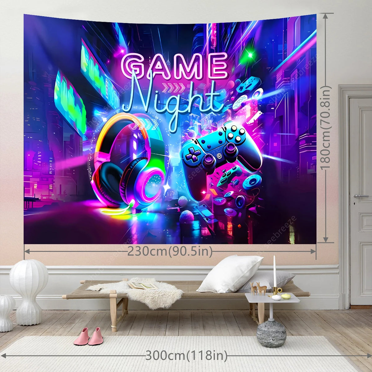 A vibrant tapestry featuring a neon purple and blue game controller design for a gaming room.