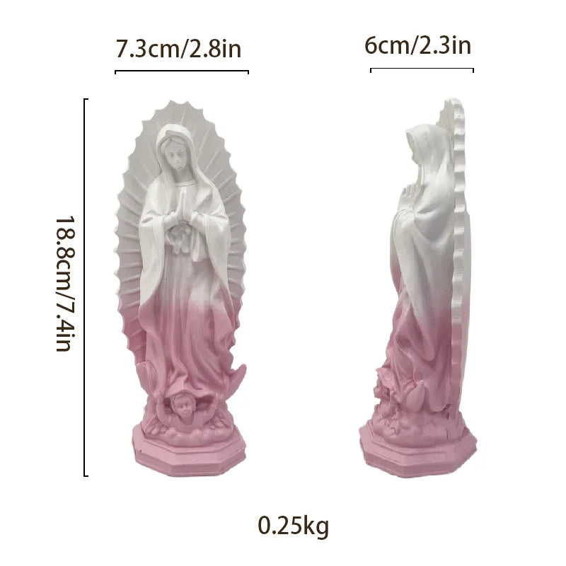 A pink resin statue of Our Lady of Guadalupe with a halo, shown in profile.