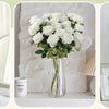 Three images showing white artificial roses in glass vases for home decor and weddings
