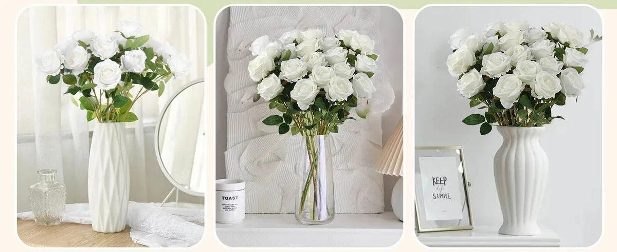 Three images showing white artificial roses in glass vases for home decor and weddings