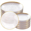 Stack of disposable dinner plates with hammered gold rims and white surfaces
