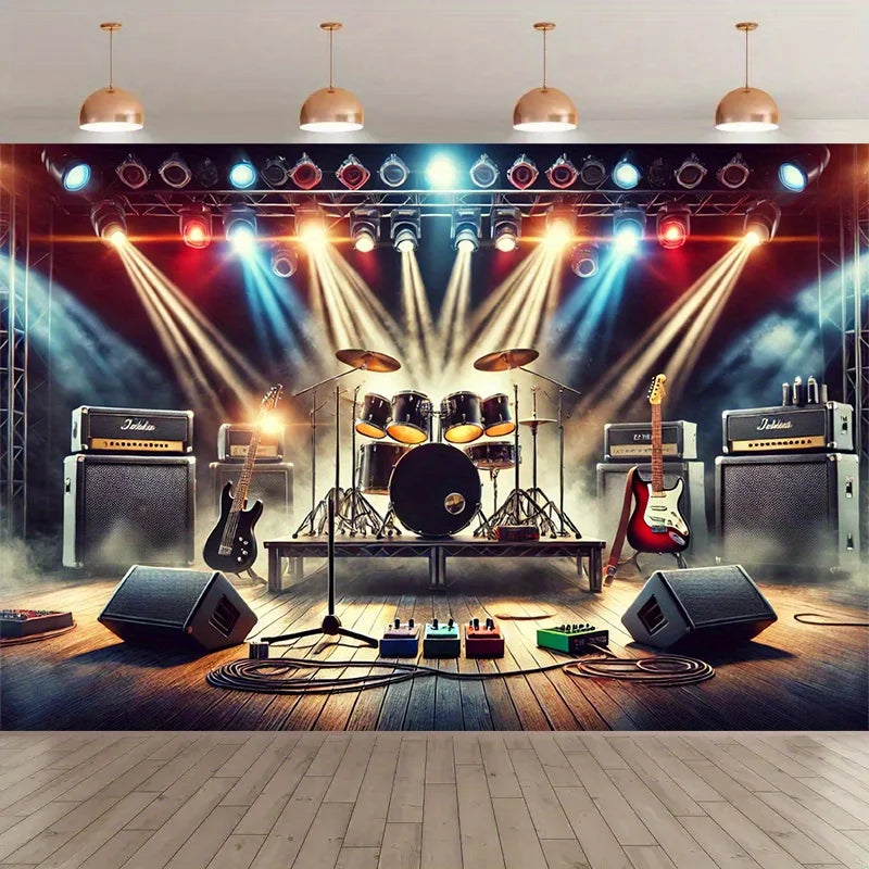 A stage backdrop featuring a rock band setup with microphones, guitars, and bright spotlights against a dark background.