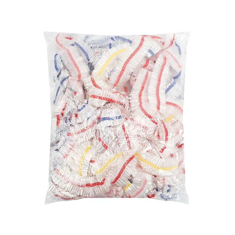 Bag of reusable clear cling film with various colored stripes for food storage