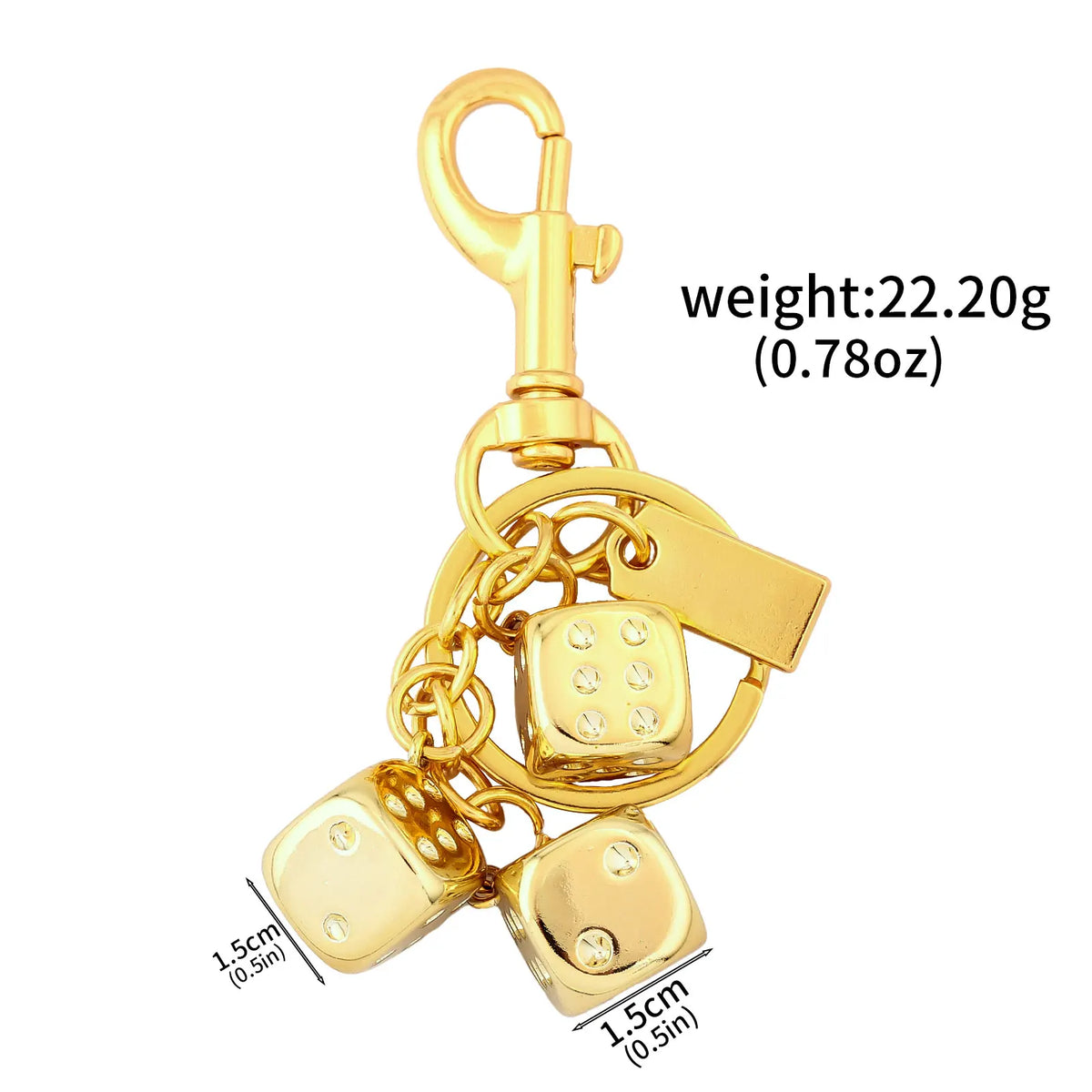 A gold-colored dice keychain featuring a lucky charm design and attached to a split ring.