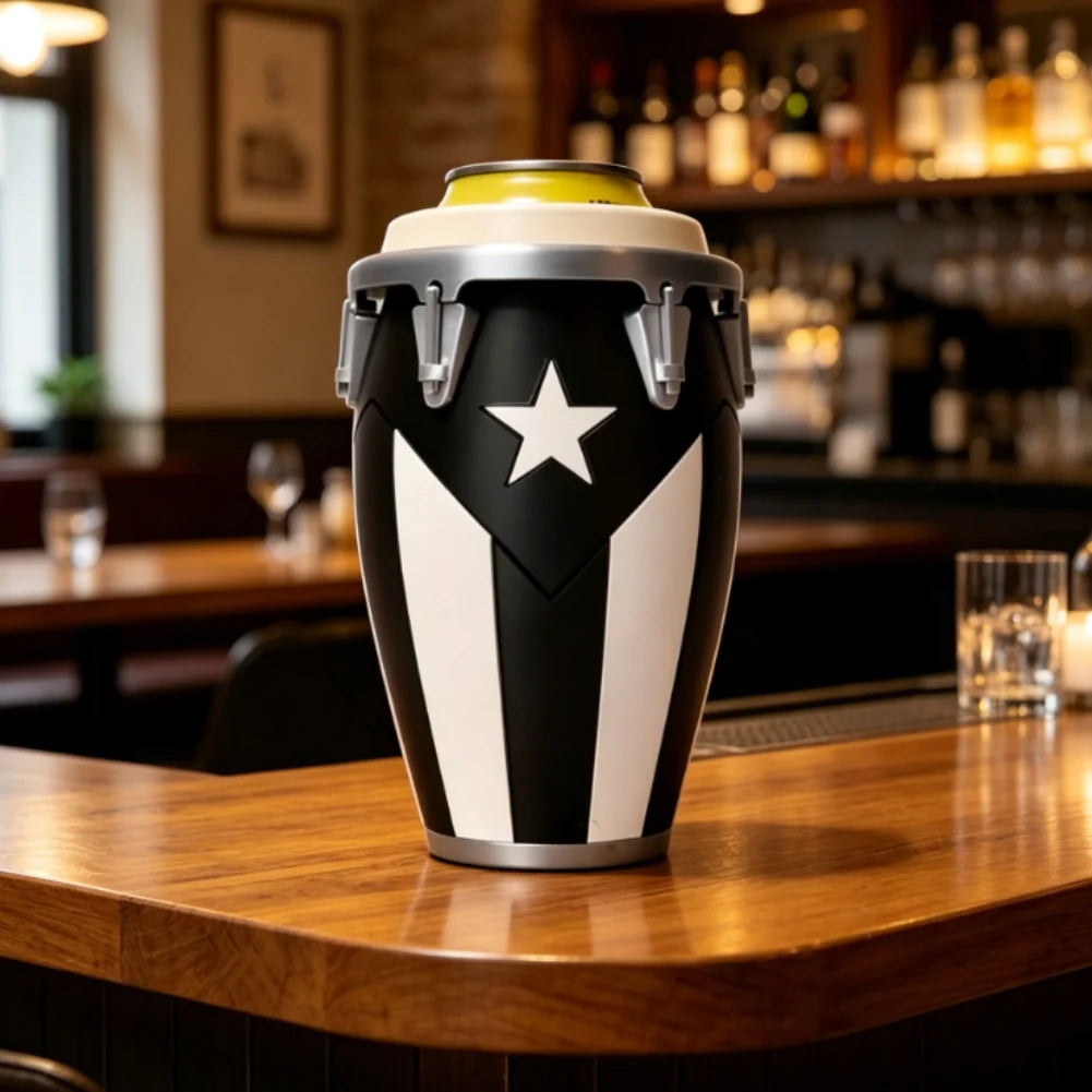 A black and white drum-style can holder with a yellow lid sits on a wooden bar counter.