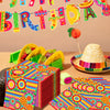 A colorful set of Mexican fiesta disposable tableware featuring vibrant patterns and shapes.