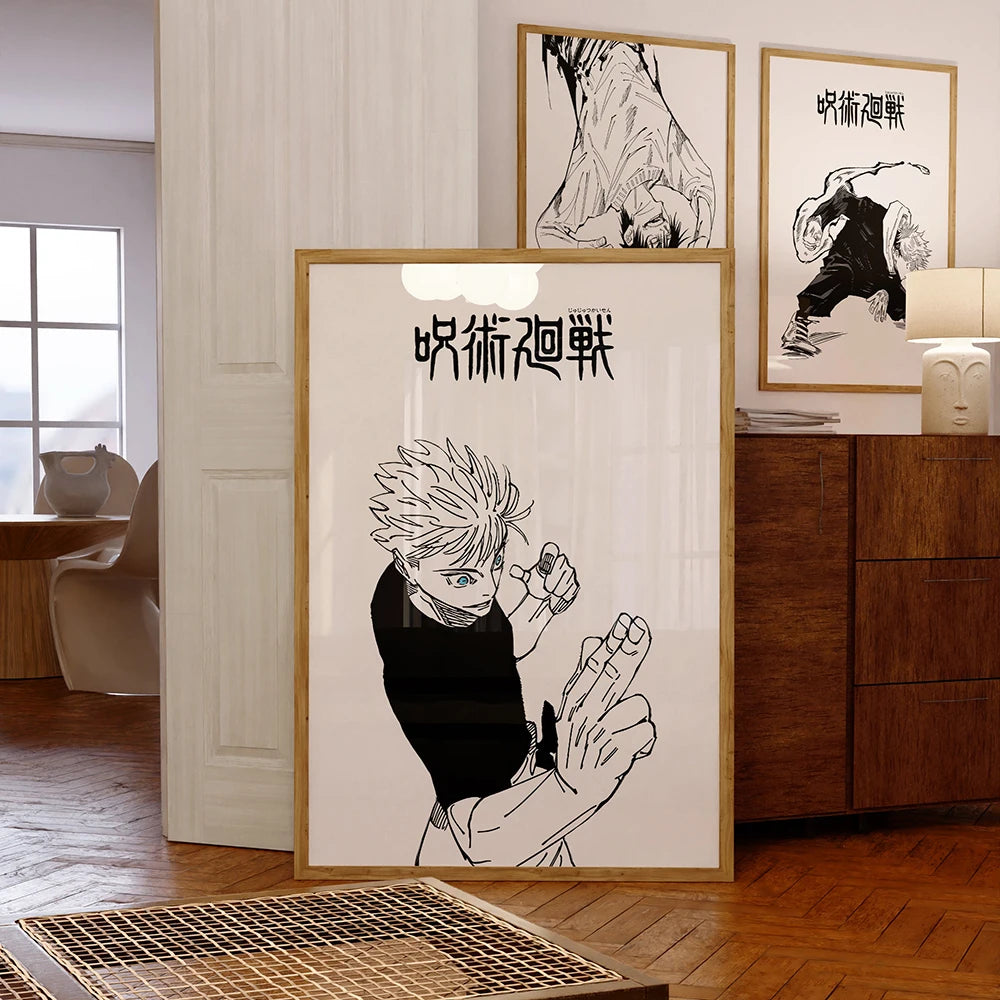 Impresión de anime en blanco y negro enmarcada con un personaje de cabello rubio puntiagudo y ojos intensos.