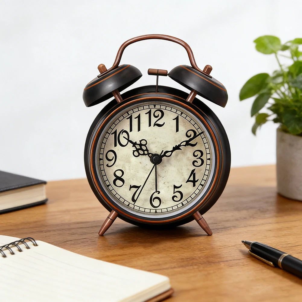 A vintage twin-bell alarm clock with a dark wooden frame and white face sits on a wooden table.