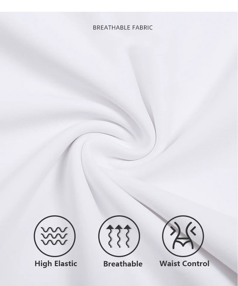 White breathable fabric demonstrating high elastic and waist control features for a men's seamless compression tank top.