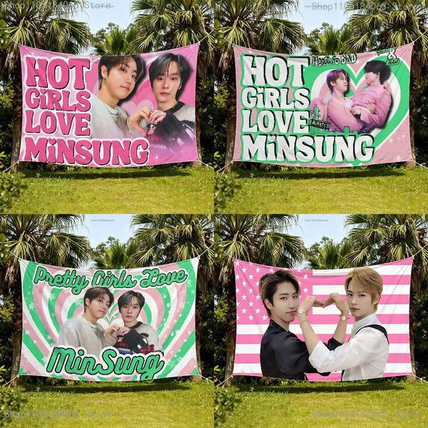 Tres banners con ídolos de K-Pop y el texto: Hot Girls Love Minsung