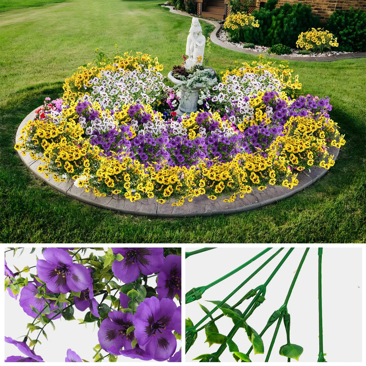 A close-up view of five artificial purple pansy flowers with green stems and leaves.