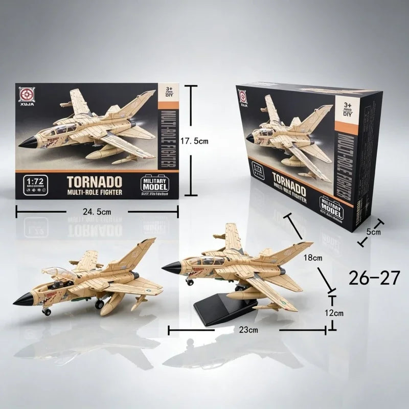 A model kit of a Panavia Tornado fighter jet, shown in its box and assembled form.