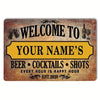 Vintage metal tin sign with text welcoming customers to enjoy beer cocktails and shots every hour is happy hour