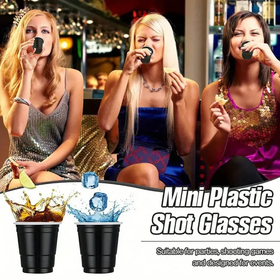 Three women holding mini plastic shot glasses for tasting or party events