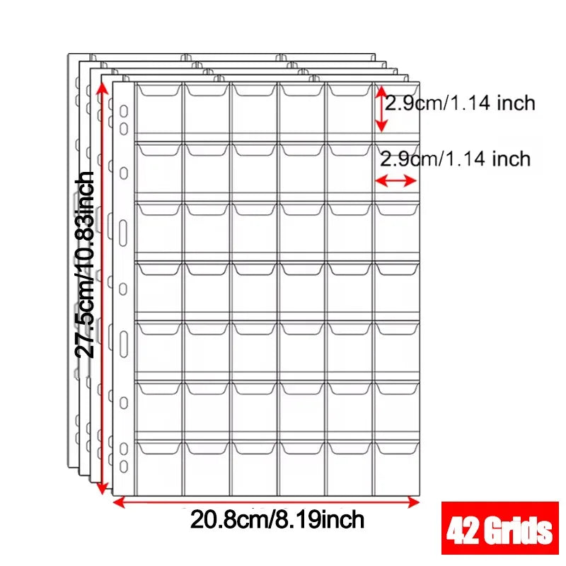 A grid of transparent pages for a coin collection album with measurements provided.