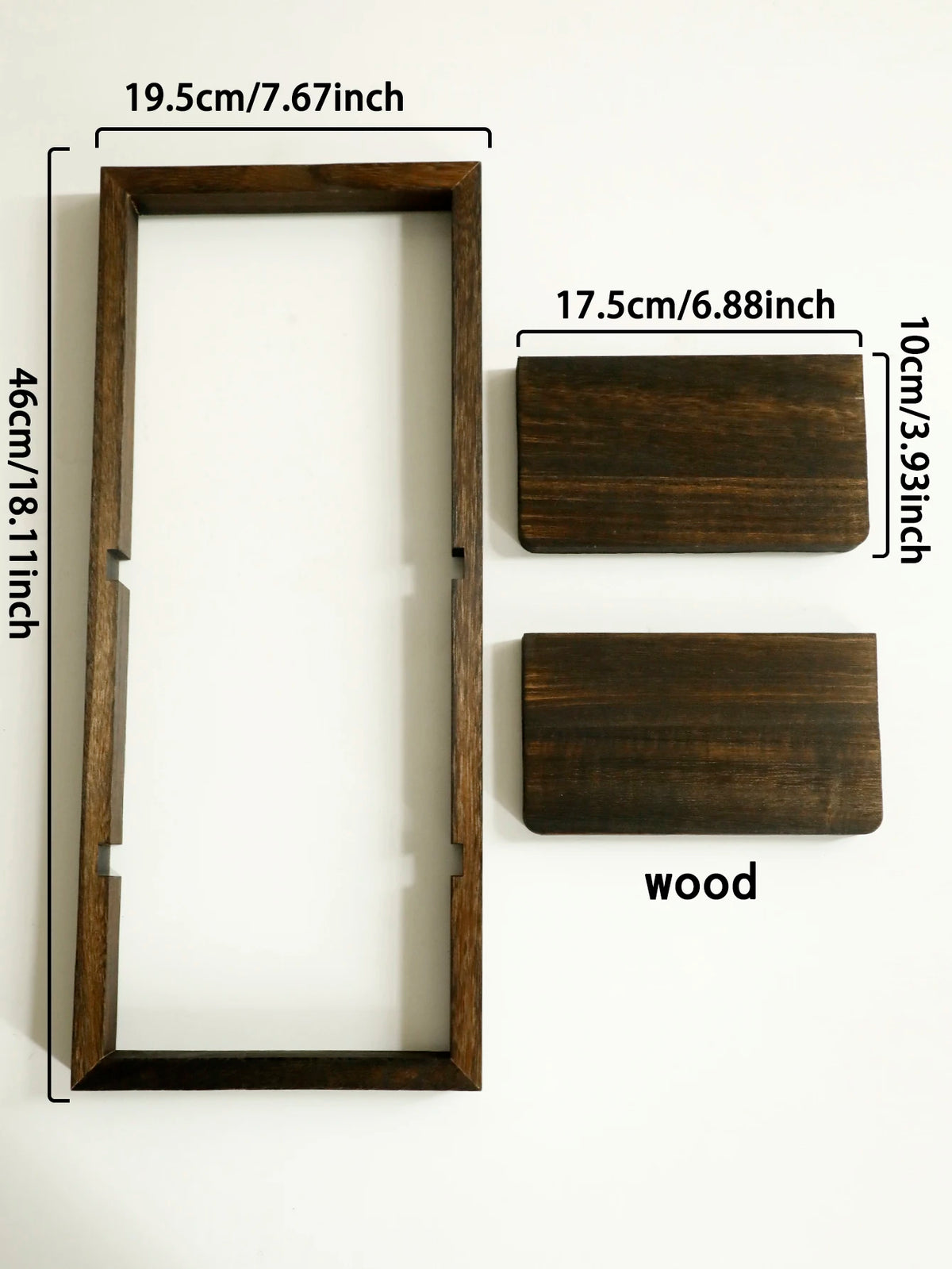 A set of rustic wood floating wall shelves, including a long rectangular frame and two smaller rectangular planks.