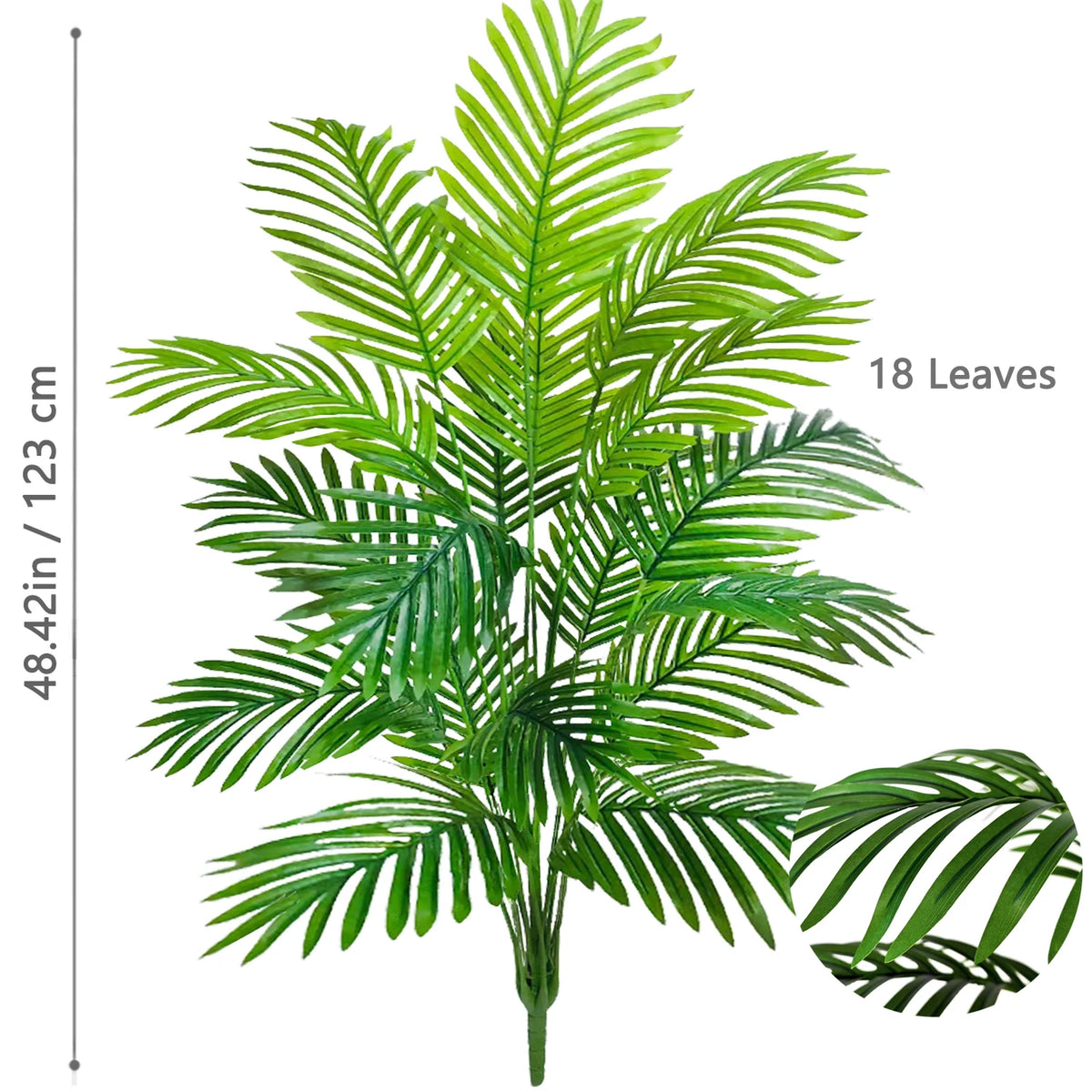 A realistic artificial palm tree featuring 18 silk green leaves.