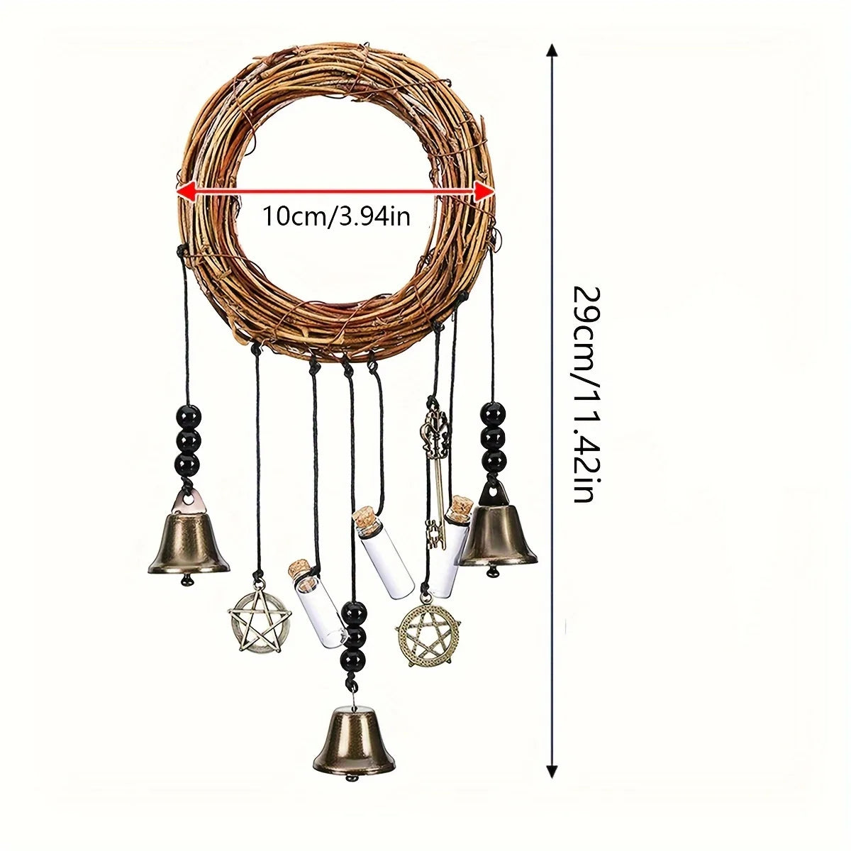 A vintage wicker wreath with hanging brass bells and decorative elements for home decor