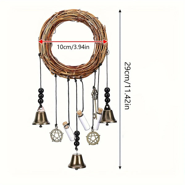 A vintage wicker wreath with hanging brass bells and decorative elements for home decor
