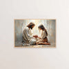 A painting depicting Jesus and Mary in a tender moment, rendered in soft, muted tones.
