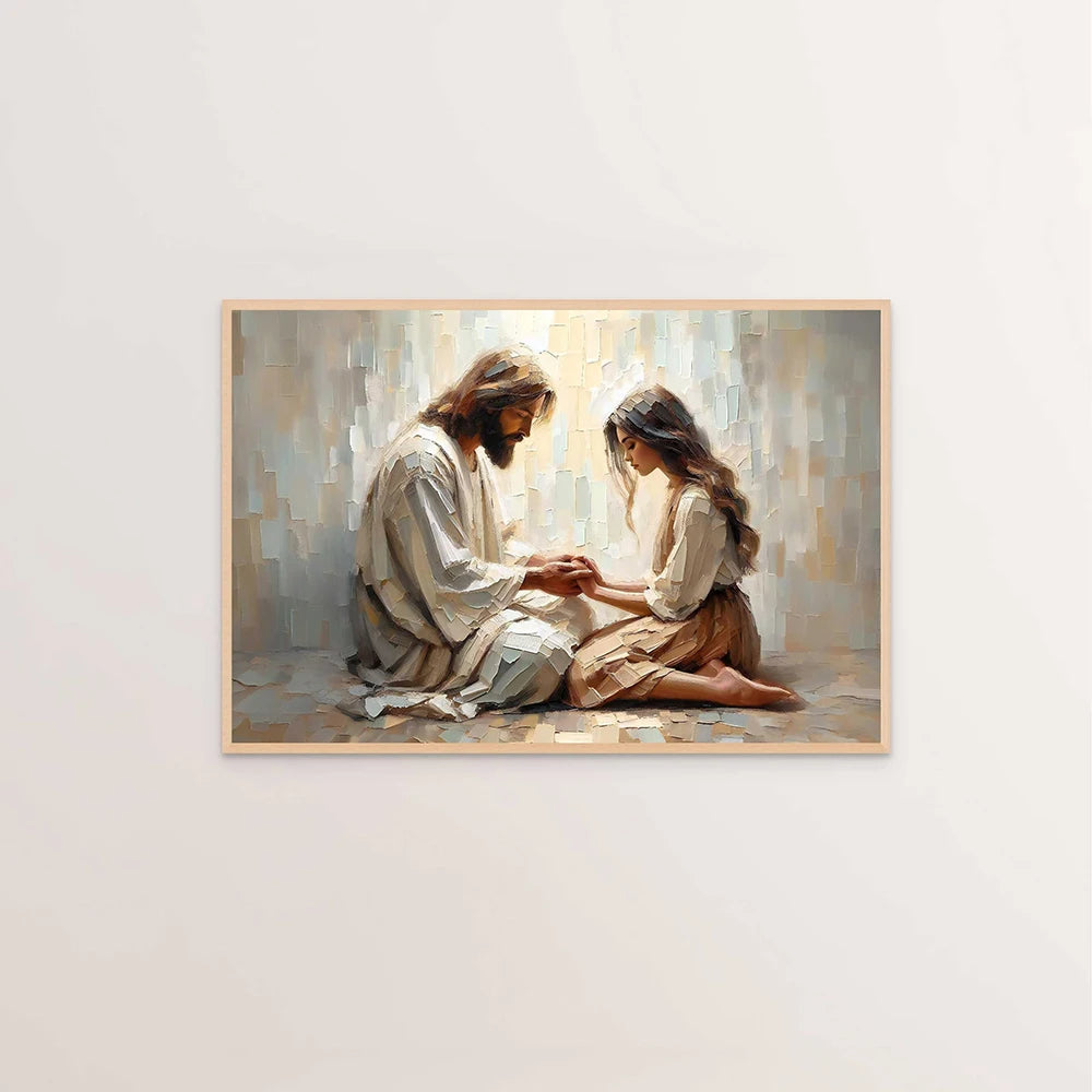 A painting depicting Jesus and Mary in a tender moment, rendered in soft, muted tones.