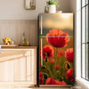 A tall refrigerator with a floral decal featuring red poppies and green stems, set against a light wood cabinet.