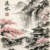 A traditional ink wash painting depicting a landscape with mountains, a waterfall, and cherry blossoms, featuring an architec