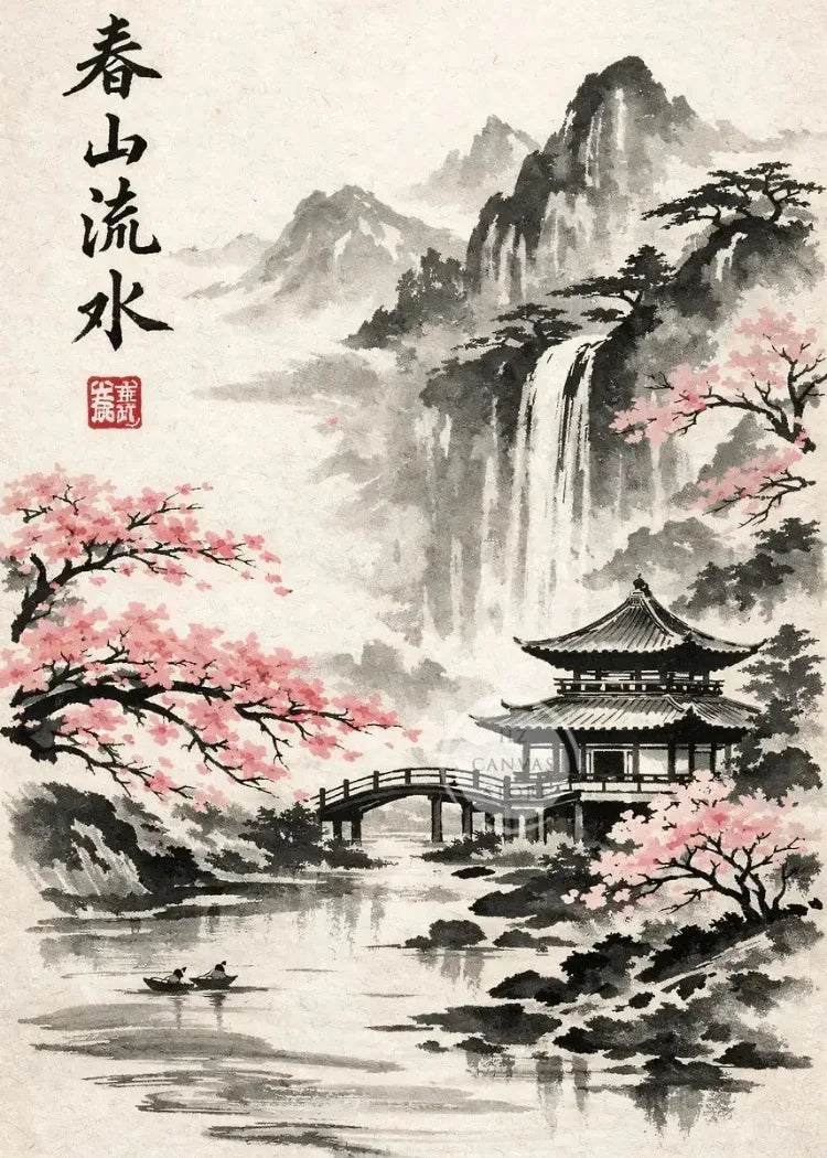 A traditional ink wash painting depicting a landscape with mountains, a waterfall, and cherry blossoms, featuring an architec