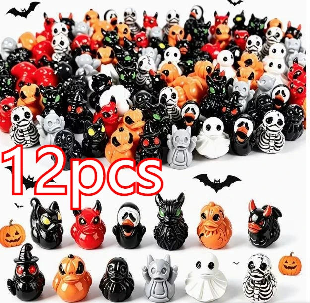 A collection of 12 mini resin Halloween duck figurines in various colors and designs for decor.