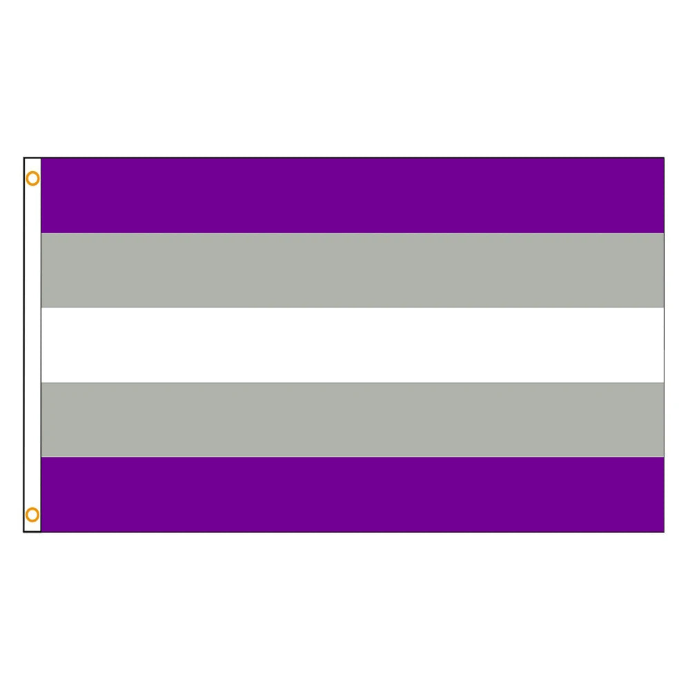 A horizontal banner design featuring purple, gray, and white stripes.