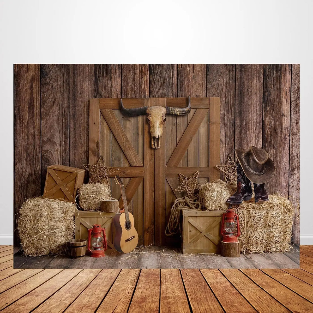 A rustic wooden barn door featuring a taxidermy horse head, surrounded by hay bales and western decor.