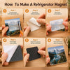 A six-step guide showing how to make a refrigerator magnet by sticking a photo onto an adhesive backing.