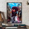 Anime canvas art poster featuring Toji Fushiguro in a dark outfit with purple hair and glowing pink blade.