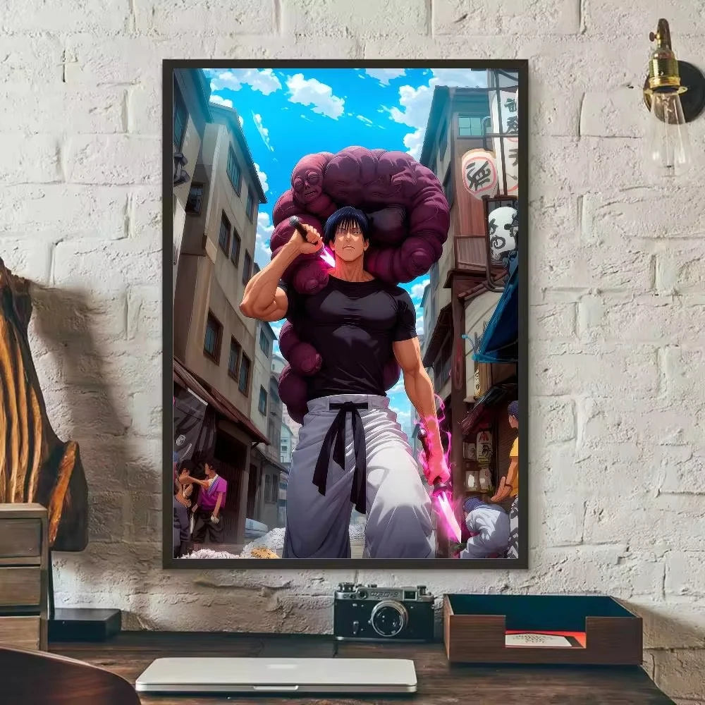 Anime canvas art poster featuring Toji Fushiguro in a dark outfit with purple hair and glowing pink blade.