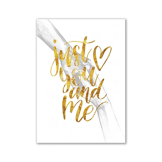 Minimalist couple line art featuring the phrase Just you and me in gold script on a white background.
