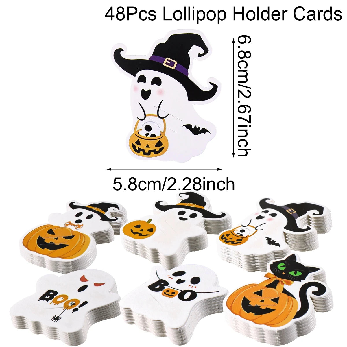 A set of 48 Halloween themed lollipop holder cards featuring ghost and pumpkin designs.