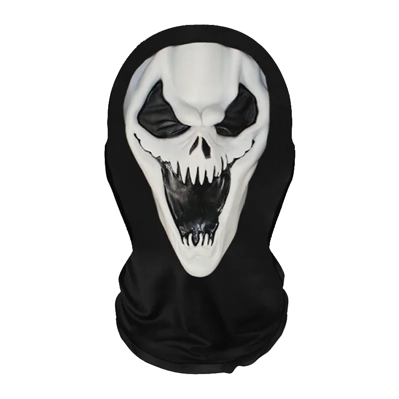A realistic horror mesh balaclava mask featuring a white skull design on a black fabric.