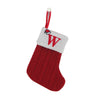 A red knitted sock with a white cuff featuring a red letter W and a hanging loop for tree decoration.